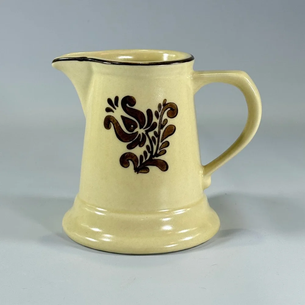 VTG Pfaltzgraff Village Creamer Pitcher Tan Brown Floral Stoneware USA 6-24